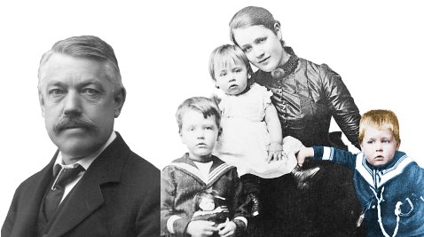 Görsel 2: Solda: Christian Bohr. Sağ: (soldan sağa): Anne ve çocuklar. Bohr çocuklarının üçü de Kopenhag Üniversitesi'nden mezun oldu. Jenny tarih ve Danca öğretmeni oldu. Harald ünlü bir matematikçi oldu.